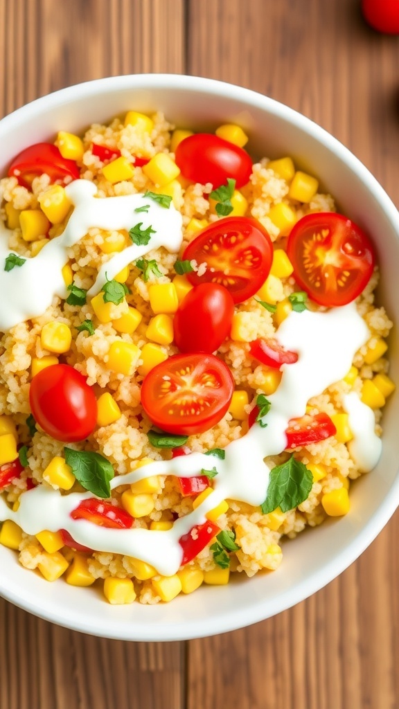 Sweet Corn Quinoa Salad with Greek Yogurt A colorful quinoa salad with sweet corn, bell peppers, and tomatoes, topped with Greek yogurt dressing on a rustic table.